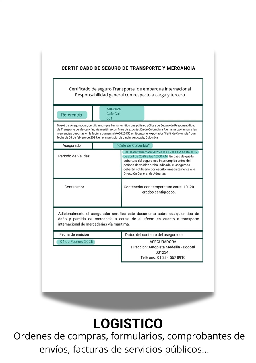 Visual example of a logistics document for classification and field extraction